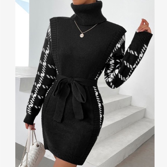 Cozy Houndstooth Pattern Turtle Neck Belted Sweater Dress - Picture 7 of 7